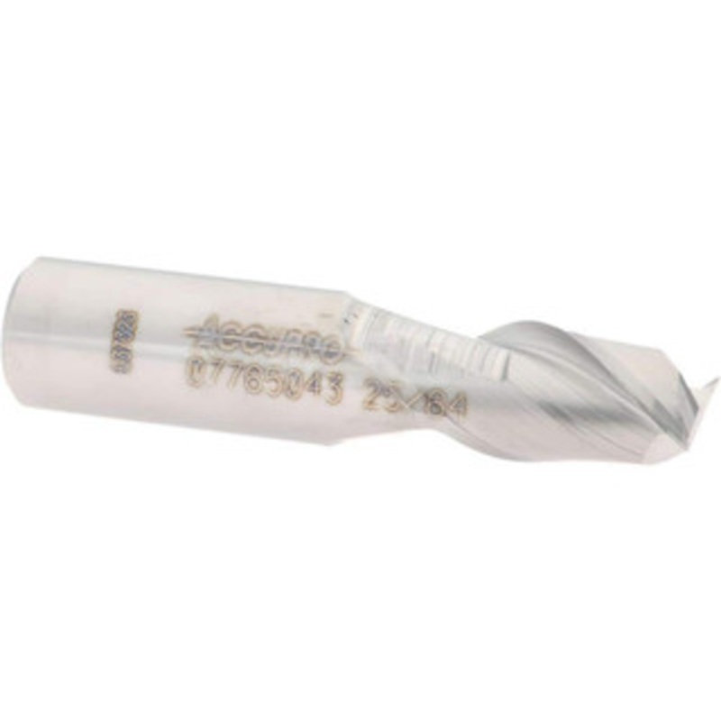 Accupro 25/64, 5/8 LOC, 7/16 Shank Diam, 2 OAL, 2 Flute, Solid Carbide Square End Mill Single End, Uncoated, Spiral Flute, 40 Helix, Centercutting, Right Hand Cut, Right Hand Flute 12181665 – 07765043