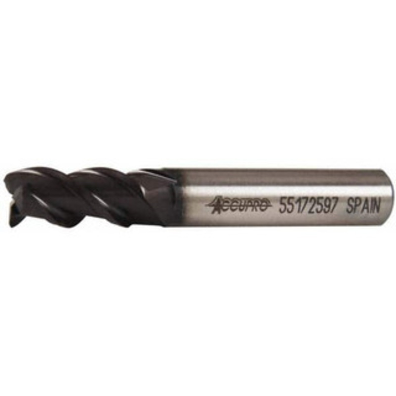 Accupro 3/8, 3/4 LOC, 3/8 Shank Diam, 2-1/2 OAL, 3 Flute, Powdered Metal Square End Mill Single End, TiAlN Finish, Spiral Flute, 45 Helix, Centercutting, Right Hand Cut, Right Hand Flute 39522 – 55172597