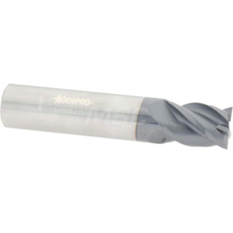 Accupro 31/64, 5/8 LOC, 1/2 Shank Diam, 2-1/2 OAL, 4 Flute, Solid Carbide Square End Mill Single End, AlTiN Finish, Spiral Flute, 40 Helix, Centercutting, Right Hand Cut, Right Hand Flute 12182927 – 01982818