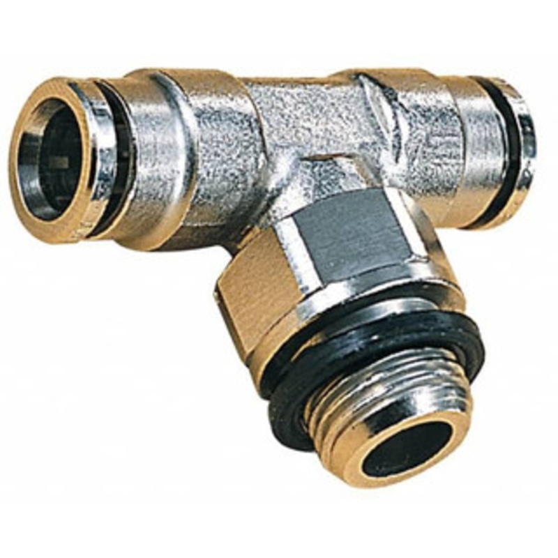 Norgren 6mm Outside Diam, M5x0.8 Metric, Nickel Plated Brass Push-to-Connect Tube Male Swivel Branch Tee 260 Max psi, Tube to Metric Thread Connection, Nitrile O-Ring 102670605 – 08037681