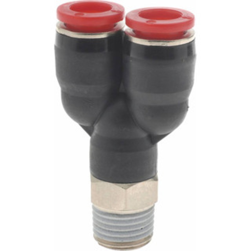 Norgren 8mm Tube OD, 1/4 BSPT Brass Push-to-Connect Tube Male Parallel Y Tube to Male BSPT Connection, 150 Max psi, Nitrile O-Ring, 0 to 175F Working Temp C01880828 – 00350454