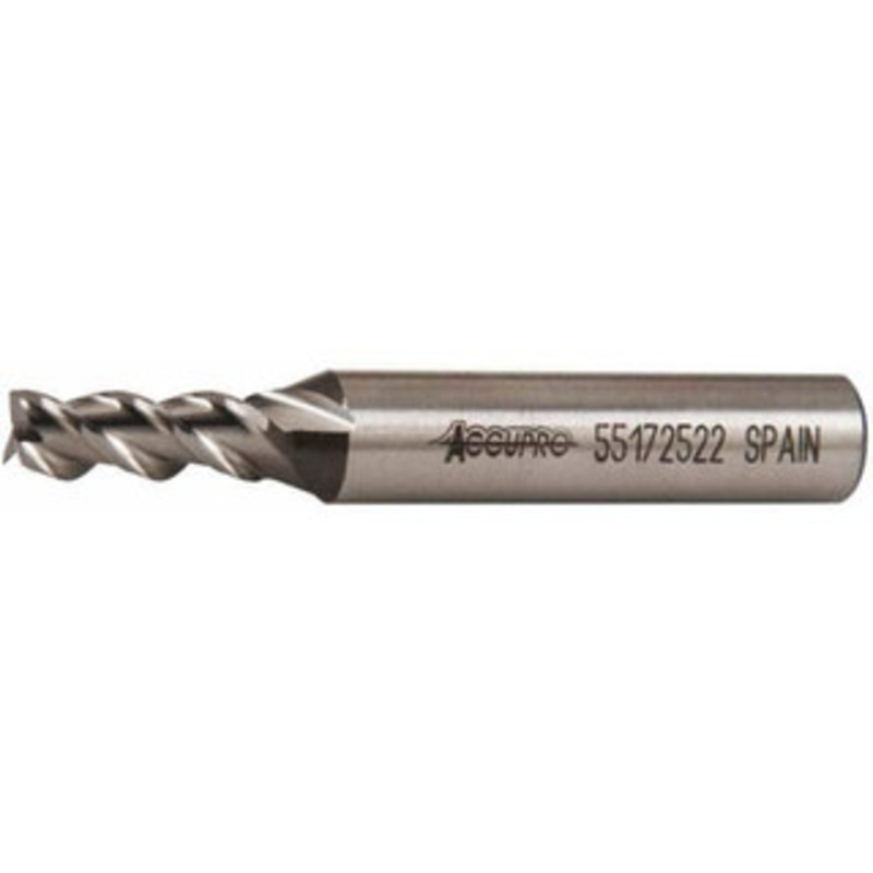 Accupro 1/4, 5/8 LOC, 3/8 Shank Diam, 2-7/16 OAL, 3 Flute, Powdered Metal Square End Mill Single End, Uncoated, Spiral Flute, 45 Helix, Centercutting, Right Hand Cut, Right Hand Flute 39514 – 55172522