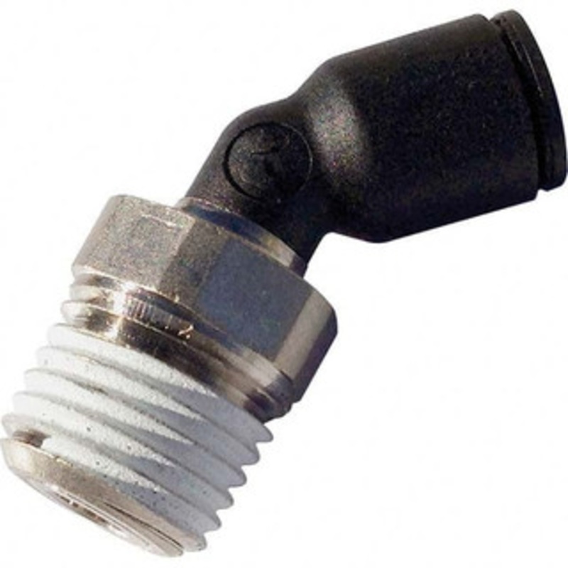 Legris Plastic Push-To-Connect Tube Fittings, Type: Male Elbow 45 Degree, Tube Outside Diameter (Inch): 1/4, Maximum Working Pressure (psi): 290.00, Material: Glass Reinforced Nylon/Nickel Plated Brass, Thread Type: UNF 3113 56 20 – 64538150