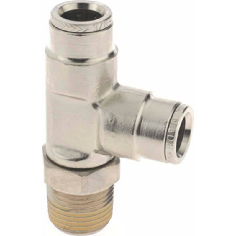 Norgren 3/8 NPTF, Nickel Plated Brass Push-to-Connect Tube Male Swivel Run Tee 260 Max psi, Tube to Male NPT Connection 124680638 – 48790380