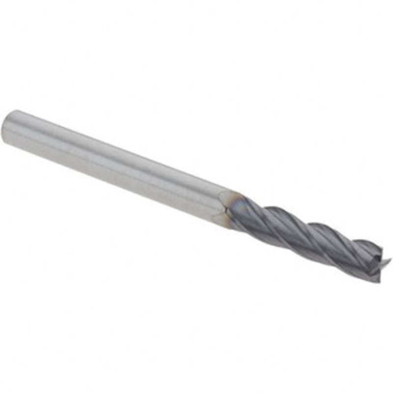 Made in USA Square End Mill, 1/8 Dia, 1/2 LOC, 1/8 Shank Dia, 1.5 OAL, 4 Flutes, Single End, TiAlN Finish, 30 Helix, RH Cut, RH Flute, Series 3200 30611 – 48546386