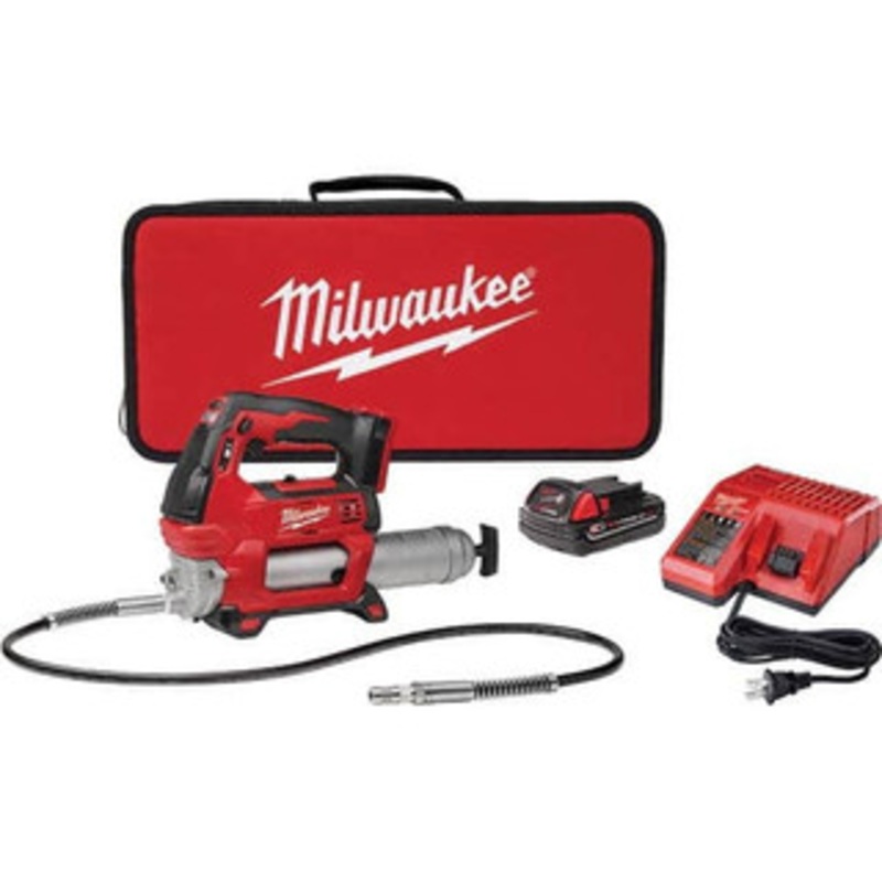 Milwaukee 10,000 Max psi, Flexible Battery-Operated Grease Gun 14 oz Capacity, 31 Strokes per oz, Includes Grease Gun, Gauge Hose Assembly, Coupler, 18 V Rechargeable Battery, 30-Minute Charger, Carrying Case & Carrying Strip 2646-21CT – 50878859
