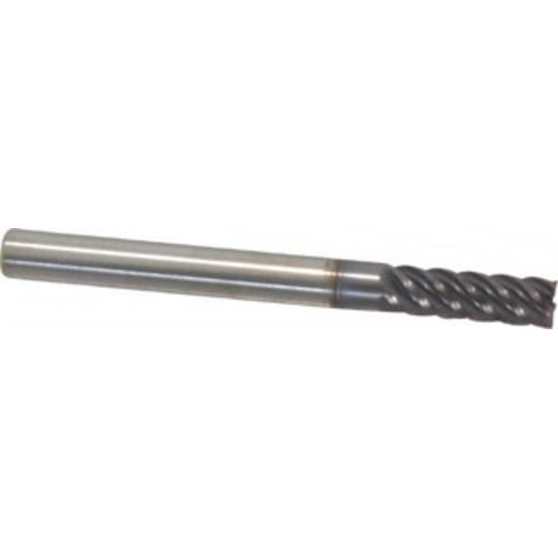 Accupro 3/16, 9/16 LOC, 3/16 Shank Diam, 2 OAL, 5 Flute, Solid Carbide Square End Mill Single End, AlTiN Finish, Spiral Flute, 45 Helix, Centercutting, Right Hand Cut, Right Hand Flute 5451875C11 – 00052563