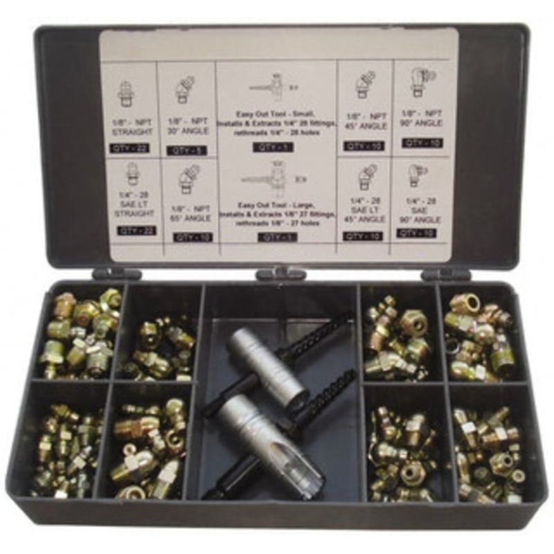 PROLUBE 101 Piece, Metric, Box Plastic Steel Grease Fitting Set Includes Metric Thread Types, Includes M10x1: (20) Straight, (5) 45, (10) 90, M6x1: (30) Straight, (5) 45, (10) 90, M8x1: (14) Straight, (5) 90 GFTESOKIT/M-101 – 85062198