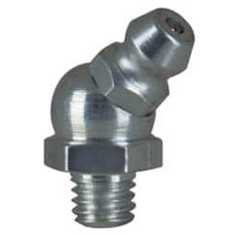 Alemite 45 Head Angle, M6x1.0 Metric Steel Standard Grease Fitting 10mm Hex, 7/32 Shank Length, 10,000 Operating psi, Zinc Plated Finish 2107 – 03245123