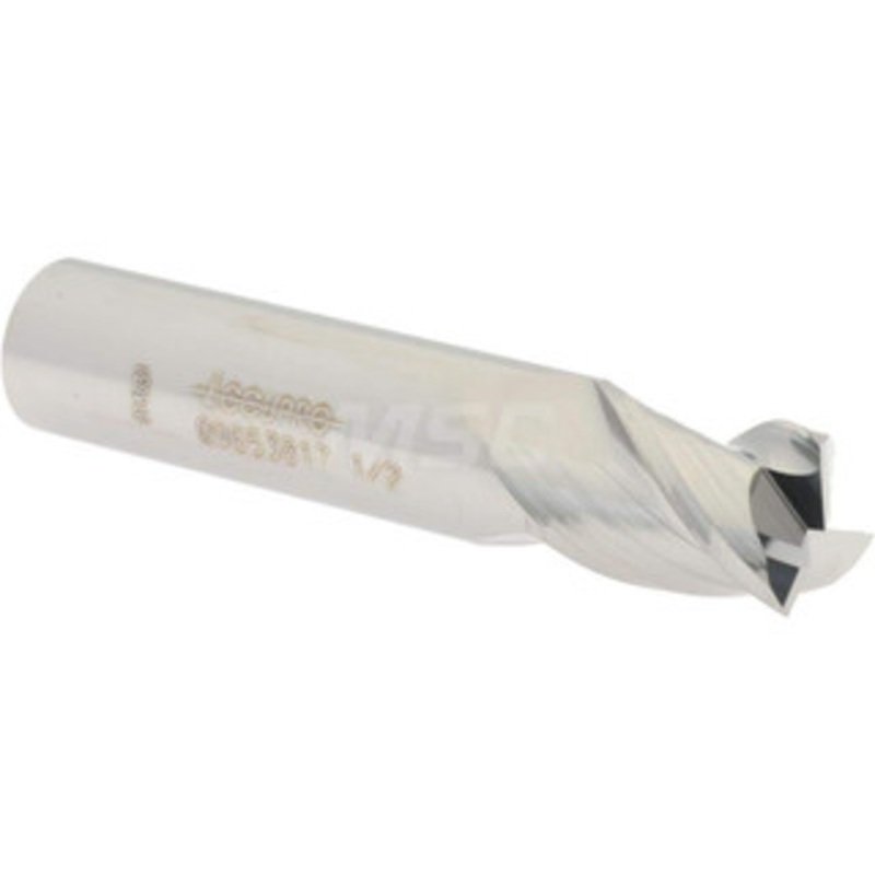 Accupro 1/2, 5/8 LOC, 1/2 Shank Diam, 2-1/2 OAL, 3 Flute, Solid Carbide Square End Mill Single End, Uncoated, Spiral Flute, 40 Helix, Centercutting, Right Hand Cut, Right Hand Flute 12182187 – 09653817