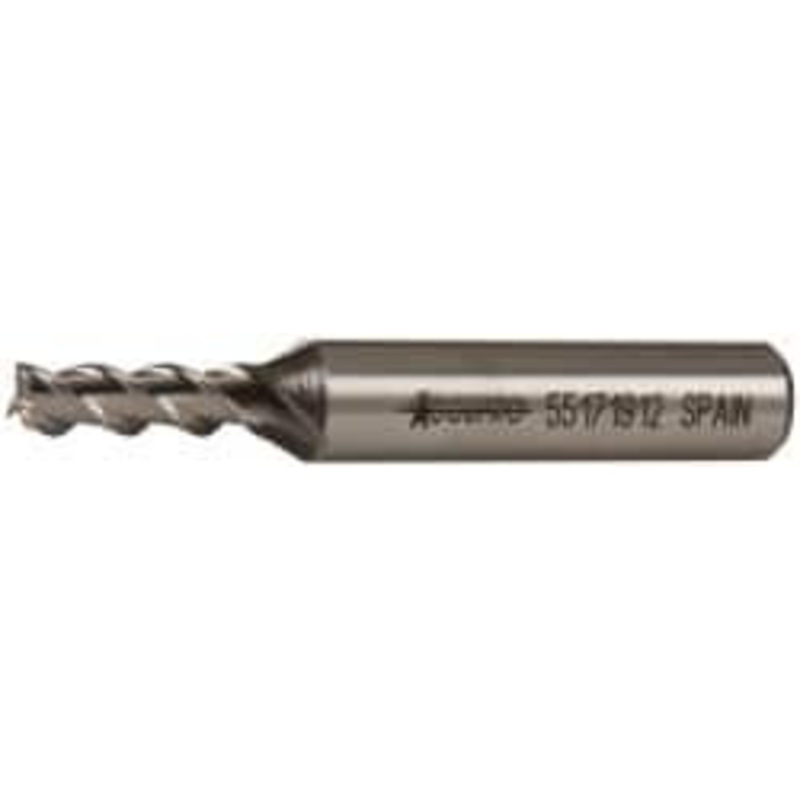 Accupro 7/32, 5/8 LOC, 3/8 Shank Diam, 2-7/16 OAL, 3 Flute, Powdered Metal Square End Mill Single End, Uncoated, Spiral Flute, 45 Helix, Centercutting, Right Hand Cut, Right Hand Flute 39512 – 55171912