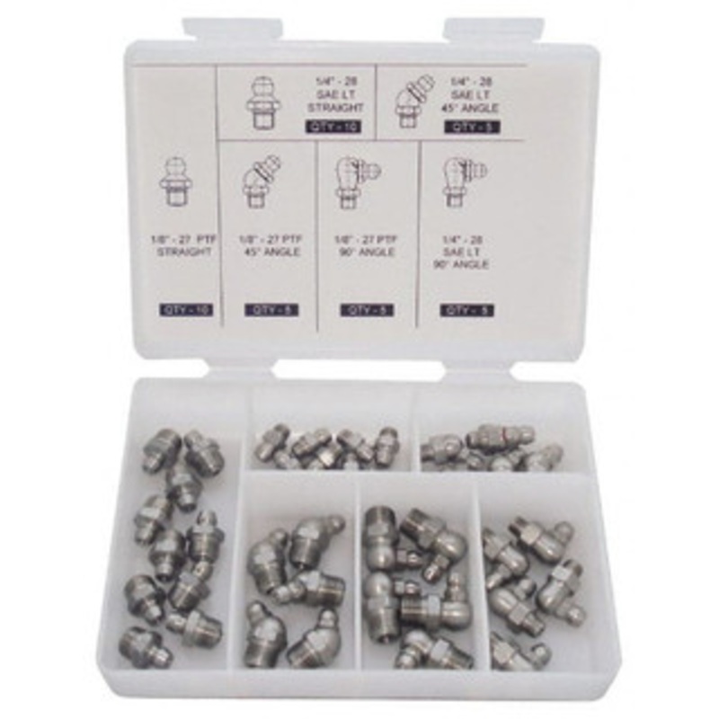 PROLUBE 40 Piece, Inch, Box Plastic Stainless Steel Grease Fitting Set Includes PTF, UNF Thread Types, Includes 1/4-28 SAE-LT: (10) Straight, (5) 45, (5) 90, 1/8-27 PTF: (10) Straight, (5) 45, (5) 90 GFTKIT/SS/SAE40 – 79172979