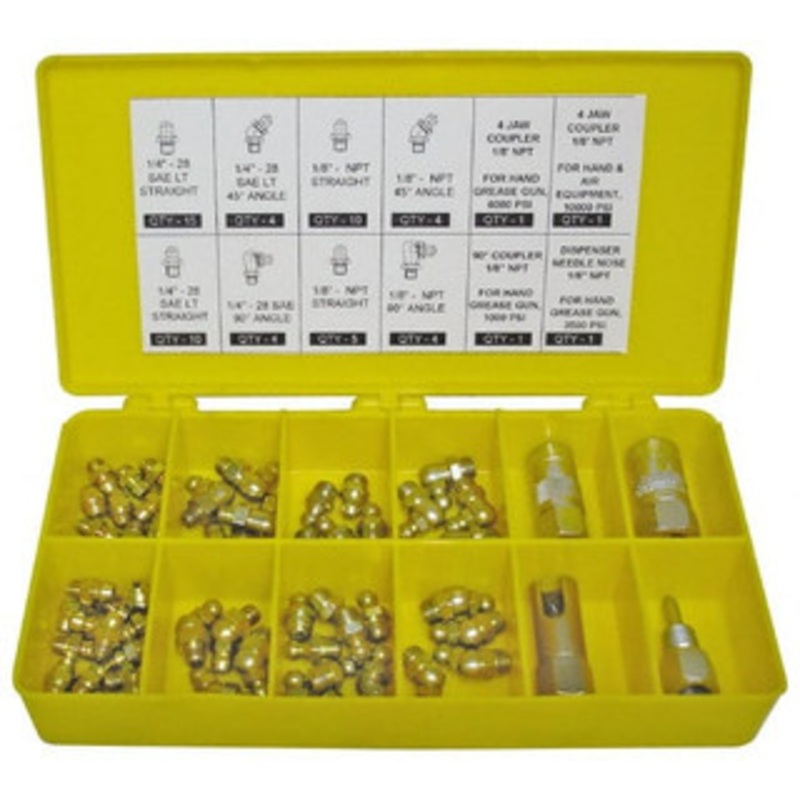 PROLUBE 60 Piece, Inch, Box Plastic Steel Grease Fitting Set Includes PTF, UNF Thread Types, Includes 1/4-28 SAE-LT: (25) Straight, (4) 45, (4) 90, 1/8-27 PTF: (15) Straight, (4) 45, (4) 90 GK/SAE-60 – 91891499