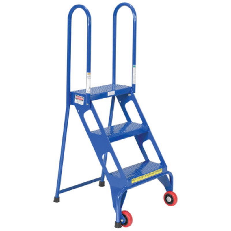 Steel Folding Ladder with Wheels, 3-Step, 350 lb., Blue