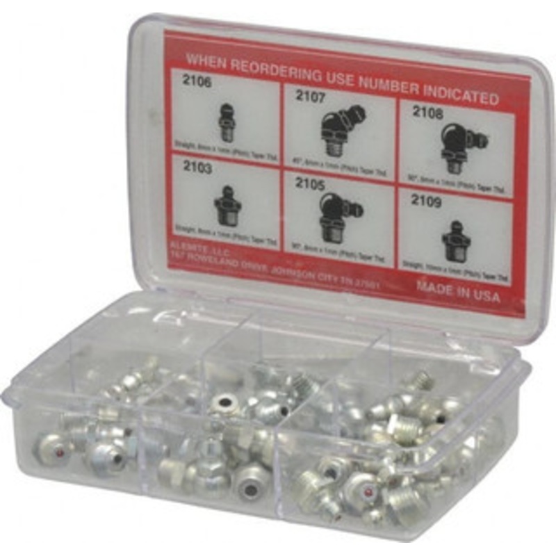 Alemite 44 Piece, Metric, Box Grease Fitting Set Includes Metric Thread Types, Includes M10x1: (10) Straight, M6x1: (10) Straight, (6) 45, (6) 90, M8x1: (6) Straight, (6) 90 2371 – 03245081