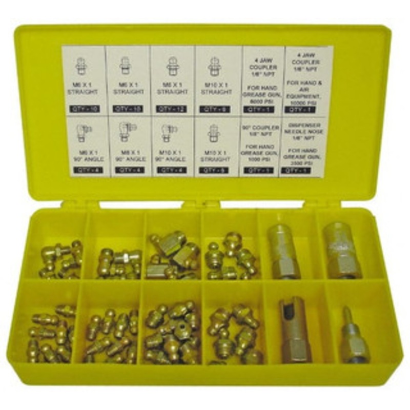 PROLUBE 60 Piece, Metric, Box Plastic Steel Grease Fitting Set Includes Metric Thread Types, Includes M10x1: (20) Straight, (4) 90, M6x1: (12) Straight, (4) 90, M8x1: (12) Straight, (4) 90 GK/M-60 – 91891481