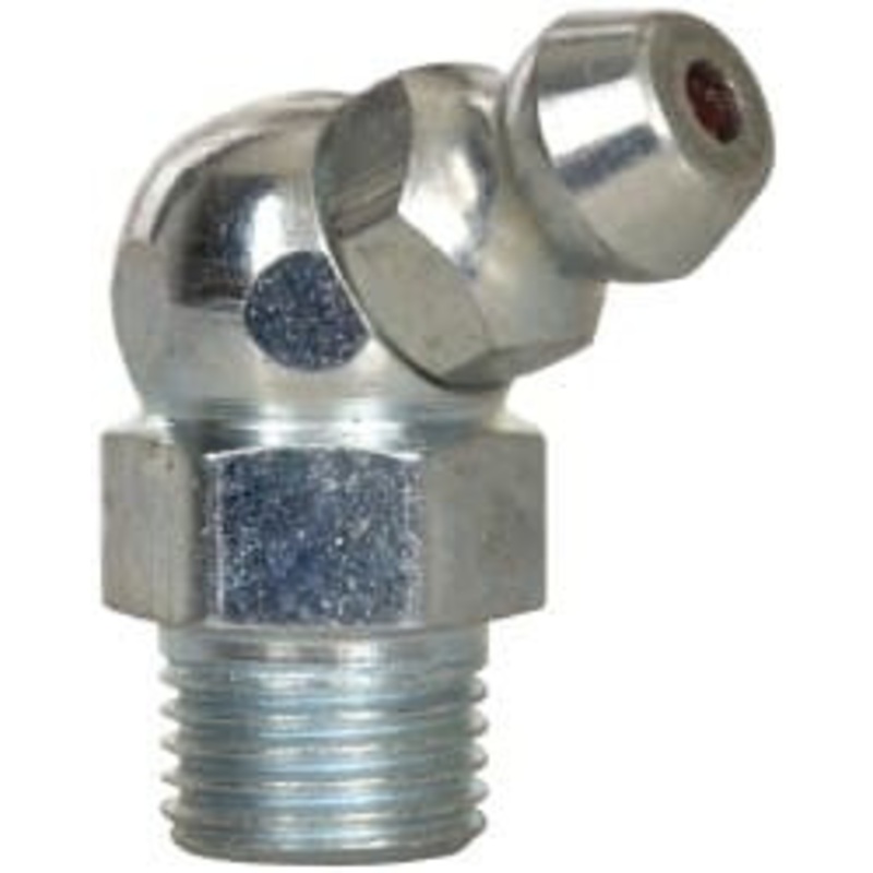 Alemite 65 Head Angle, 5/16-32 UNEF-2A Nickel/Copper Standard Grease Fitting 3/8 Hex, 51/64 Overall Height, 7/32 Shank Length, Zinc Plated Finish 1648-B1 – 03244555