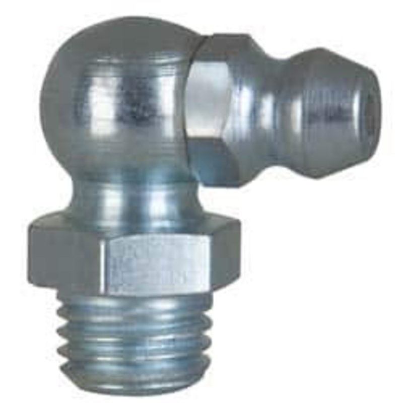 Alemite 90 Head Angle, M8x1.0 Metric Steel Standard Grease Fitting 10mm Hex, 7/32 Shank Length, 10,000 Operating psi, Zinc Plated Finish 2105 – 03245156