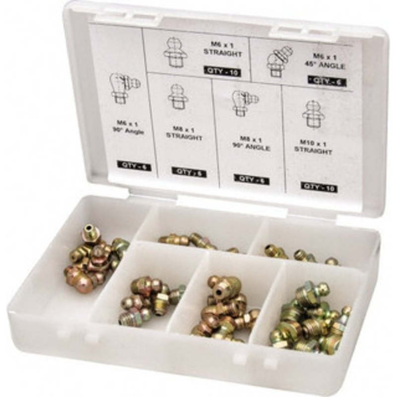 PROLUBE 44 Piece, Metric, Box Plastic Steel Grease Fitting Set Includes Metric Thread Types, Includes M10x1: (10) Straight, M6x1: (10) Straight, (6) 45, (6) 90, M8x1: (8) Straight, (8) 90 GFT/KIT/M-44 – 78815867