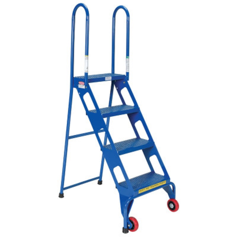Steel Folding Ladder with Wheels, 4-Step, 350 lb., Blue