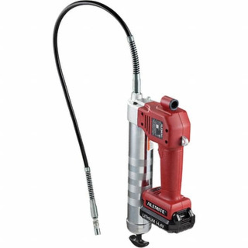 Alemite 10,000 Max psi, Flexible Battery-Operated Grease Gun 16 oz Capacity, 1/8 Thread Outlet, 3-Way, Bulk, Cartridge & Filler Pump, Includes (1) Lithium Ion Battery, Battery Charger, Grease Gun & 36 Whip Hose 586-A – 47798921