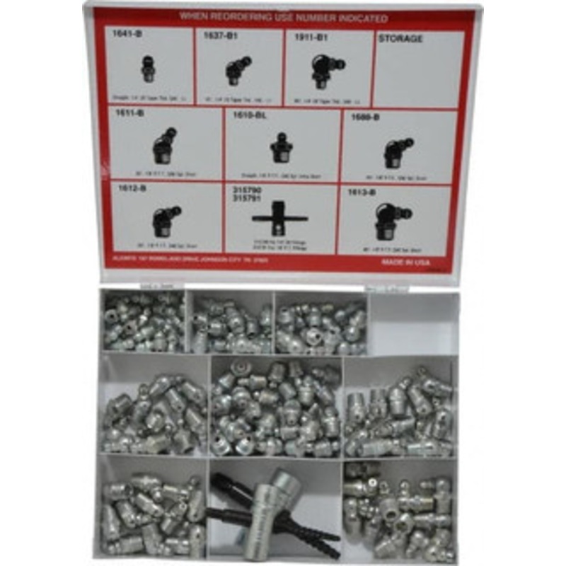 Alemite 134 Piece, Inch, Box Nickel/Copper Grease Fitting Set Includes PTF, Taper Thread Types, Includes 1/4-28 NPT: (24) Straight, (12) 45, (12) 90, 1/8 PTF: (36) Straight, (12) 30, (12) 45, (12) 90 2364-1 – 03245099