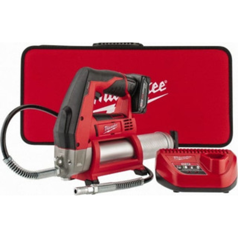 Milwaukee 8,000 Max psi, Flexible Battery-Operated Grease Gun 14 oz (Cartridge) & 16 oz (Bulk) Capacity, 1/8 Thread Outlet, 3-Way, Bulk, Cartridge & Suction Fill, Includes 30-Minute Charger, Carrying Case, Grease Coupler 2446-21XC – 81934317