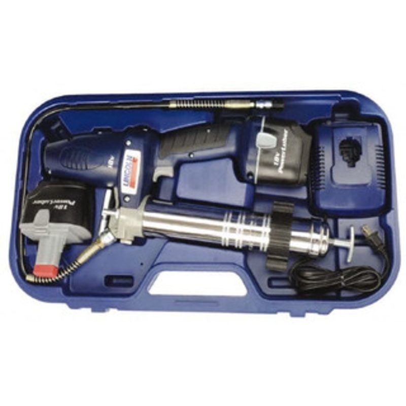 Lincoln 7,500 Max psi, Flexible Battery-Operated Grease Gun Includes Grease Gun, One Hour Charger, (2)18 V NiCad Batteries & Case 1844 – 81148660