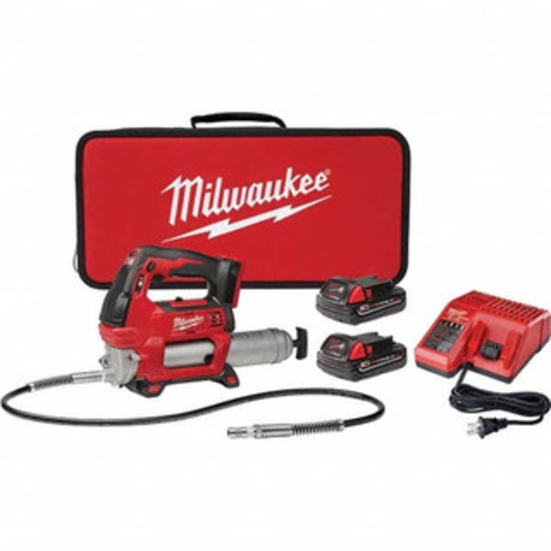 Milwaukee 10,000 Max psi, Flexible Battery-Operated Grease Gun 14 oz Capacity, 31 Strokes per oz, Includes Grease Gun, Gauge Hose Assembly, Coupler, 30-Minute Charger, Case, Carrying Strip & (2)18 V Rechargeable Batteries 2646-22CT – 50905843