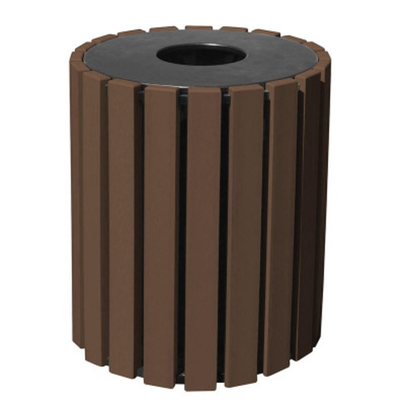 100% Recycled Plastic Trash Receptacle Round 33 Gallon, Brown